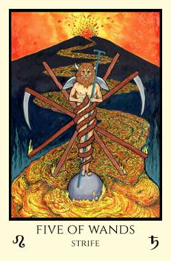 Five of Wands tarot card decan of Leo Tabula Mundi a Thoth based tarot