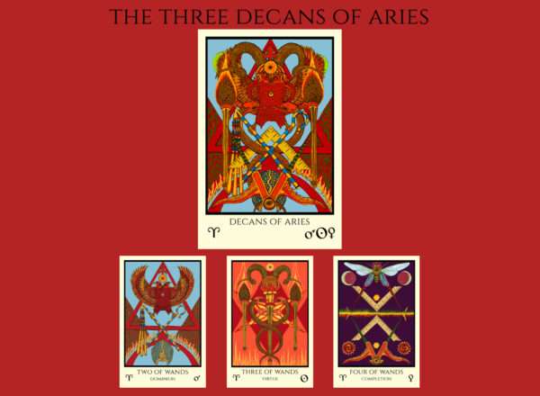 The three Aries minor cards with the decan card of Aries from the expansion pack